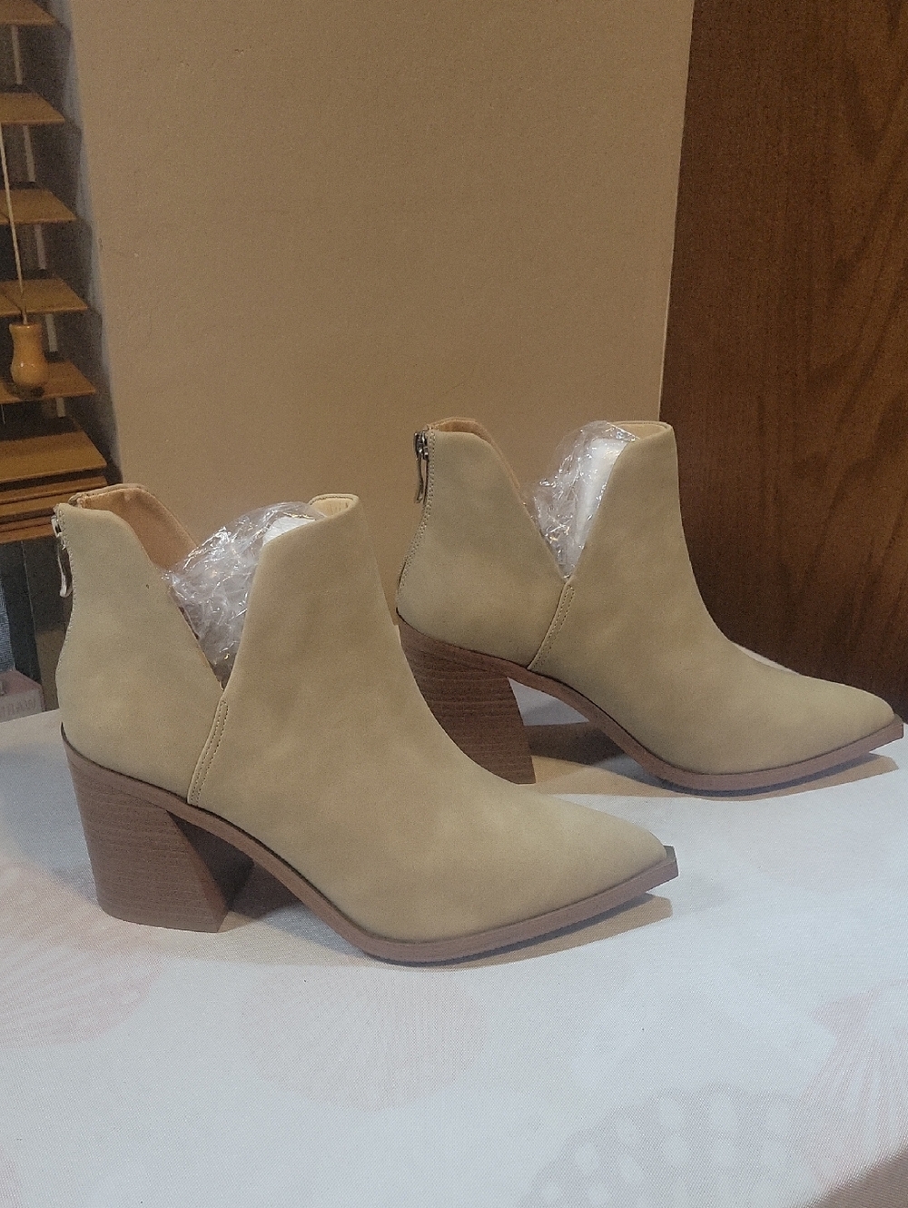 Suede-Look Cutout Ankle Booties in Light Tan with Block Heel